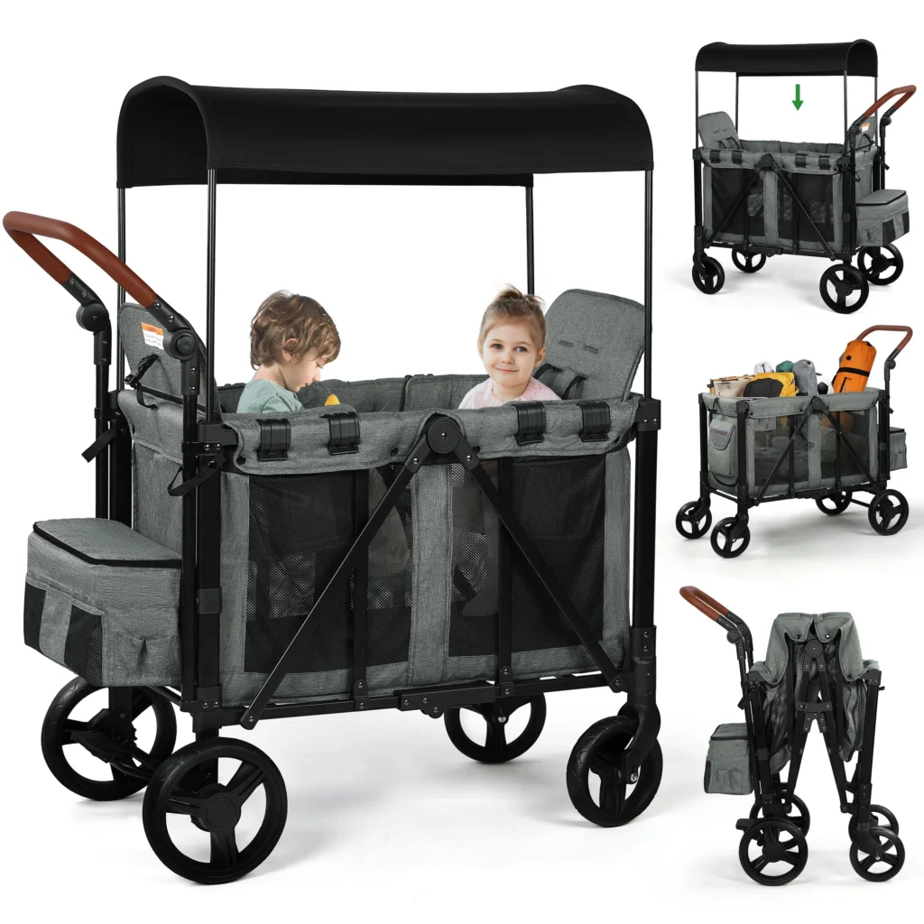 Vomeast Wagon Stroller with 2 Seats and Sunshade Grey