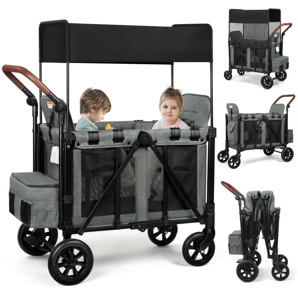 Vomeast Dual-Seat Wagon Stroller – Grey Sunshade Design β alternate angle showing full product