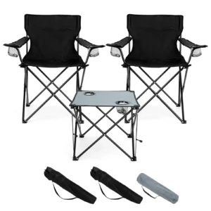 Walchoice Folding Camping Chair Set 3 Oversized Lawn Chair Adults Portable Camp Chairs Grey Table Outdoor Fishing Hiking Beach Picnic Carrying Bag Bl