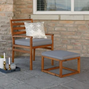 Walker Edison Modular Outdoor Acacia Chairs with Ottoman 3 Piece Set in Brown