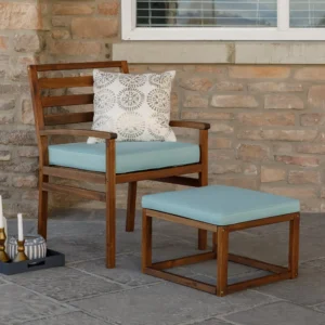 Walker Edison Modular Outdoor Acacia Chairs with Ottoman 3 Piece Set in Brown