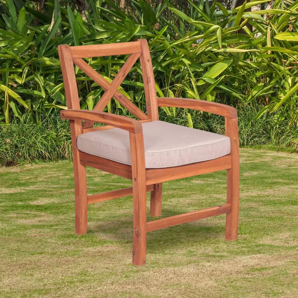 Walker Edison Modular Outdoor Acacia Chairs with Ottoman 3 Piece Set in Brown — close-up detail of design and finish