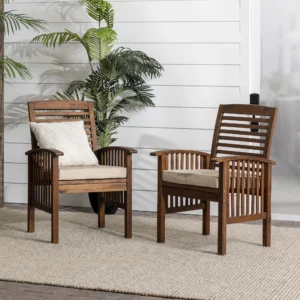 Walker Edison Modular Outdoor Acacia Chairs with Ottoman 3 Piece Set in Brown