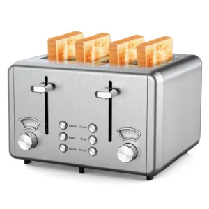 WHALL 4 Slice Toaster Stainless Steel Bagel Toaster with Dual Control Panels 6 Shade Settings Silver