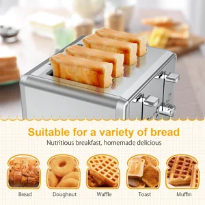 WHALL 4 Slice Toaster Stainless Steel Bagel Toaster with Dual Control Panels 6 Shade Settings Silver