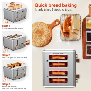 WHALL 4 Slice Toaster Stainless Steel Bagel Toaster with Dual Control Panels 6 Shade Settings Silver