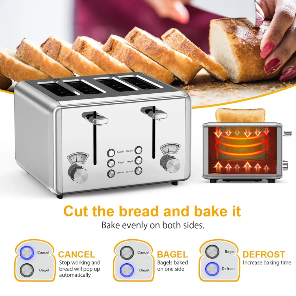 WHALL 4-Slice Toaster with Dual Controls – Stainless Bagel β close-up detail of design and finish