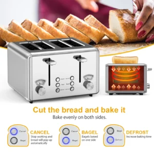 WHALL 4 Slice Toaster Stainless Steel Bagel Toaster with Dual Control Panels 6 Shade Settings Silver