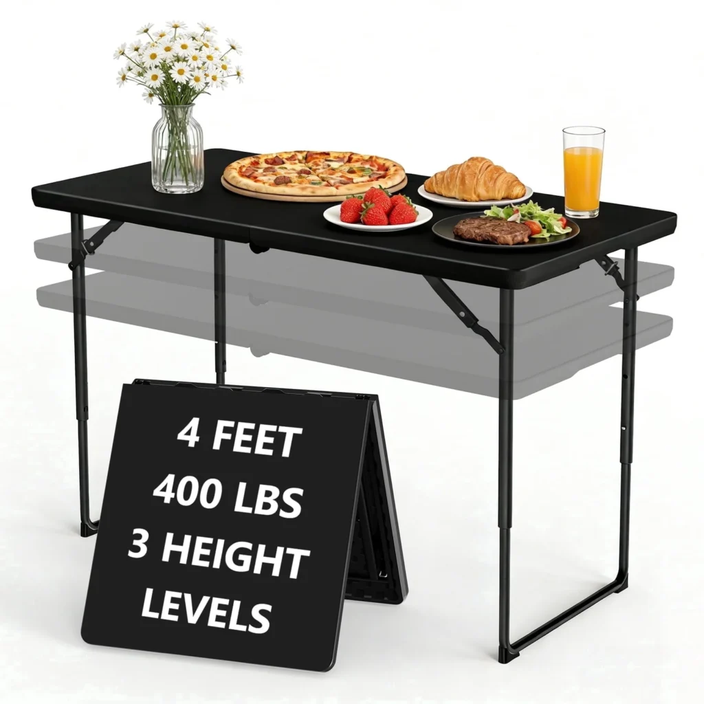 WLLJOY 4 Ft Adjustable Height Folding Table, Max Load 400lbs, Portable Camping Table with Handle for Home Party, Camping Parties and Weddings, Black