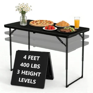 WLLJOY 4 Ft Adjustable Height Folding Table, Max Load 400lbs, Portable Camping Table with Handle for Home Party, Camping Parties and Weddings, Black