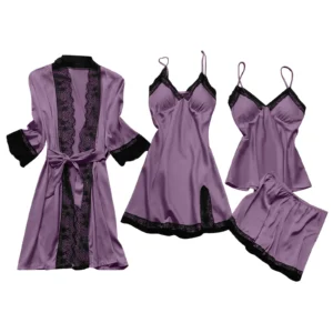 Womens 4pcs Pajamas Set Soft Silk Satin Sleepwear Lace Trim Nightdress Pj Set with Robe Comfy Home Loungewear X Large Green