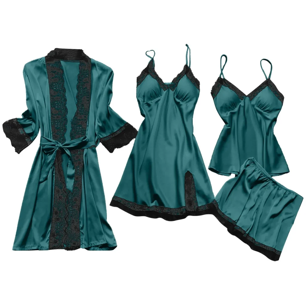 Silk-Satin Women’s 4-Piece Pajamas Set – Elegant Lace Trim Green — close-up detail of design and finish