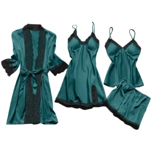 Womens 4pcs Pajamas Set Soft Silk Satin Sleepwear Lace Trim Nightdress Pj Set with Robe Comfy Home Loungewear X Large Green