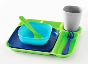Your Zone 24 Piece Plastic Dinnerware Set for Kids with 4 Each Trays Bowls Plates Cups Forks Spoons in Pink Purple Aqua Blue Green