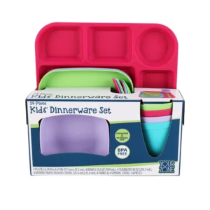 Your Zone 24 Piece Plastic Dinnerware Set for Kids with 4 Each Trays Bowls Plates Cups Forks Spoons in Pink Purple Aqua Blue Green