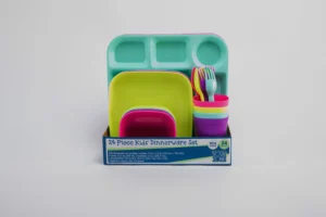 Your Zone 24 Piece Plastic Dinnerware Set for Kids with 4 Each Trays Bowls Plates Cups Forks Spoons in Pink Purple Aqua Blue Green