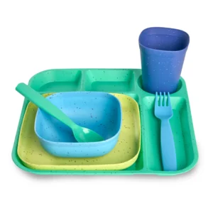Your Zone 24 Piece Plastic Square Dinnerware Set for Kids with 4 Each Trays Bowls Plates Cups Forks Spoons in Pink Purple Aqua Green 4