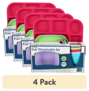Your Zone 24 Piece Plastic Square Dinnerware Set for Kids with 4 Each Trays Bowls Plates Cups Forks Spoons in Pink Purple Aqua Green 3