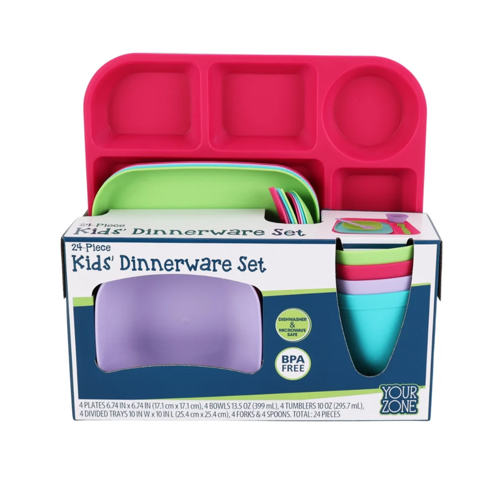 Your Zone 24 Piece Plastic Square Dinnerware Set for Kids with 4 Each Trays Bowls Plates Cups Forks Spoons in Pink Purple Aqua Green 1