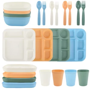 Your Zone 24 Piece Plastic Square Dinnerware Set for Kids with 4 Each Trays Bowls Plates Cups Forks Spoons in Pink Purple Aqua Green 5