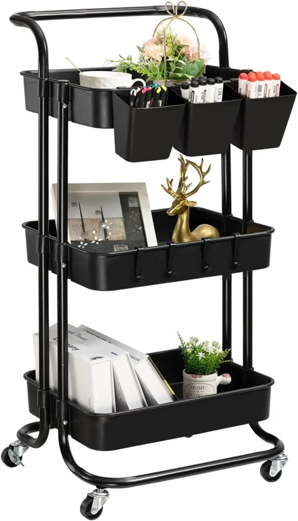 ZUNMOS 3 Tier Utility Rolling Cart Metal Mobile Storage Cart Lockable Caster Wheels Shelves Organizer Livingroom Bathroom Kitchen Narrow Places Gray