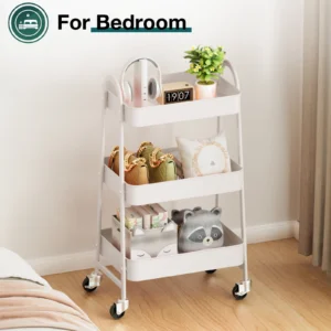 ZUNMOS 3 Tier Utility Rolling Cart Metal Mobile Storage Cart Lockable Caster Wheels Shelves Organizer Livingroom Bathroom Kitchen Narrow Places White