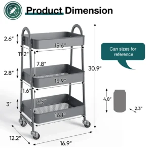 ZUNMOS 3 Tier Utility Rolling Cart Metal Mobile Storage Cart Lockable Caster Wheels Shelves Organizer Livingroom Bathroom Kitchen Narrow Places Gray