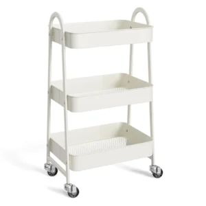 ZUNMOS 3 Tier Utility Rolling Cart Metal Mobile Storage Cart Lockable Caster Wheels Shelves Organizer Livingroom Bathroom Kitchen Narrow Places White