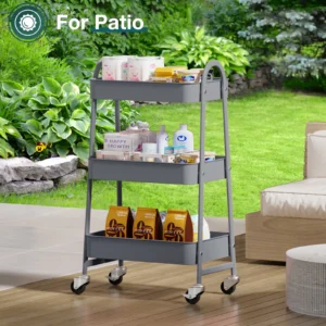 ZUNMOS 3 Tier Utility Rolling Cart Metal Mobile Storage Cart Lockable Caster Wheels Shelves Organizer Livingroom Bathroom Kitchen Narrow Places Gray