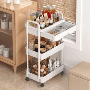 ZUNMOS 3 Tier Utility Rolling Cart Metal Mobile Storage Cart Lockable Caster Wheels Shelves Organizer Livingroom Bathroom Kitchen Narrow Places White