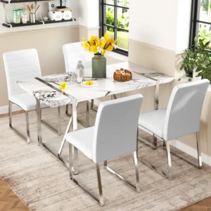 5 Piece Dining Table Set Modern Faux Marble Tabletop 4 PU Leather Upholstered Chairs Rectangle Kitchen Table Chairs 4 Persons Small Dining Set Bar Di