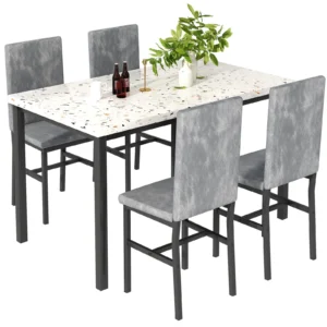 5 Piece Dining Table Set Modern Faux Marble Tabletop 4 PU Leather Upholstered Chairs Rectangle Kitchen Table Chairs 4 Persons Small Dining Set Bar Di