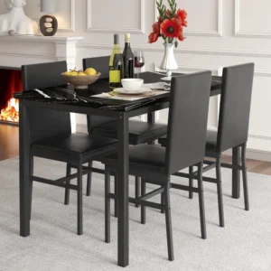 5 Piece Dining Table Set Modern Faux Marble Tabletop 4 PU Leather Upholstered Chairs Rectangle Kitchen Table Chairs 4 Persons Small Dining Set Bar Di