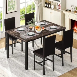 5 Piece Dining Table Set Modern Faux Marble Tabletop 4 PU Leather Upholstered Chairs Rectangle Kitchen Table Chairs 4 Persons Small Dining Set Bar Di