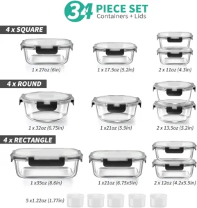 Airtight Glass Food Storage Set – 34-Piece Meal Prep Containers