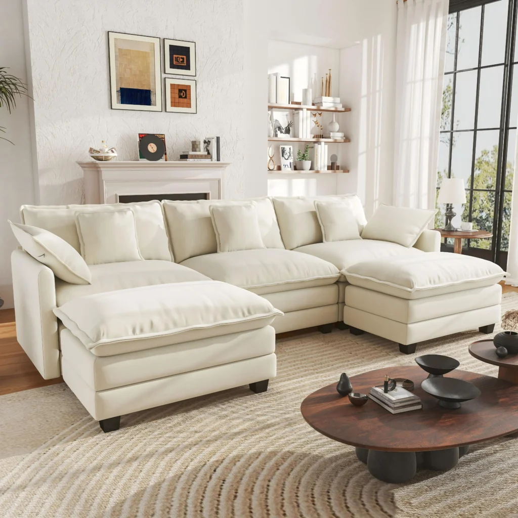 BedLuxury Modular U-Shaped Sectional Sofa – Movable Ottomans, Beige β close-up detail of design and finish