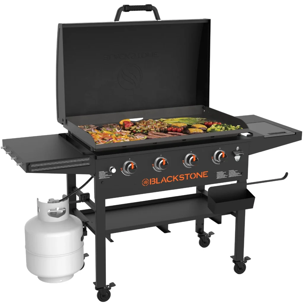 Blackstone 4 Burner 36 Omnivore Outdoor Griddle – Hood & Shelves — alternate angle showing full product