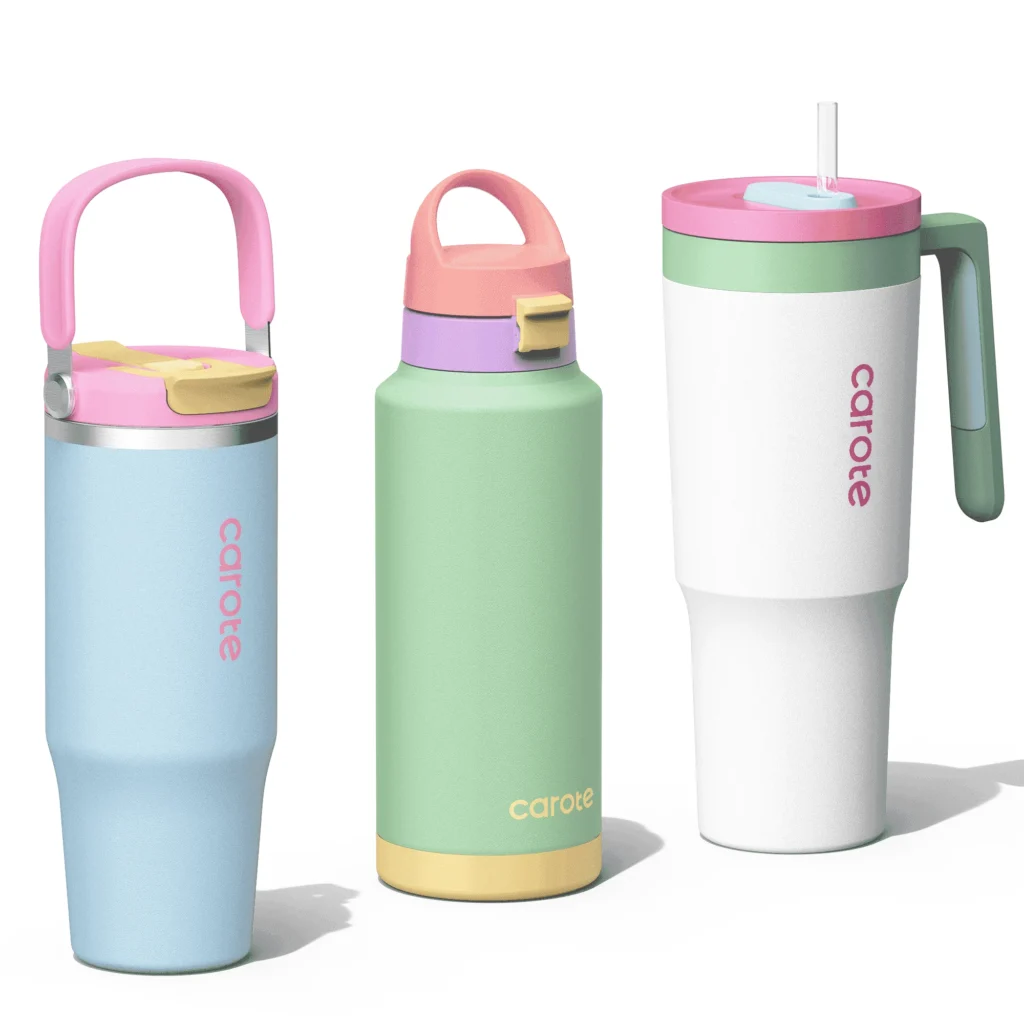 Carote Stainless Steel Tumbler Set – 3-Piece, Handle & Straw Lids β close-up detail of design and finish