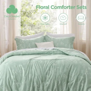 Cozy Comfort Sage Green Floral Reversible Comforter Set – Queen Size