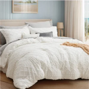 Cozy Comfort Tufted Queen Comforter Set – Boho Shabby Chic Soft White