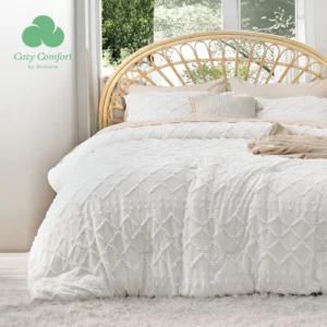Cozy Comfort Tufted Queen Comforter Set – Boho Shabby Chic Soft White