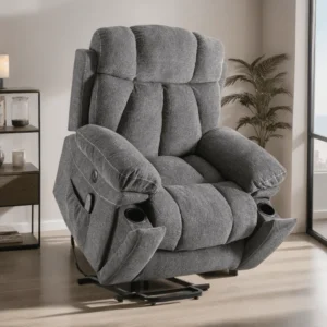 Ebello Wide Heated Massaging Lift Recliner – USB, Cup Holder, Gray