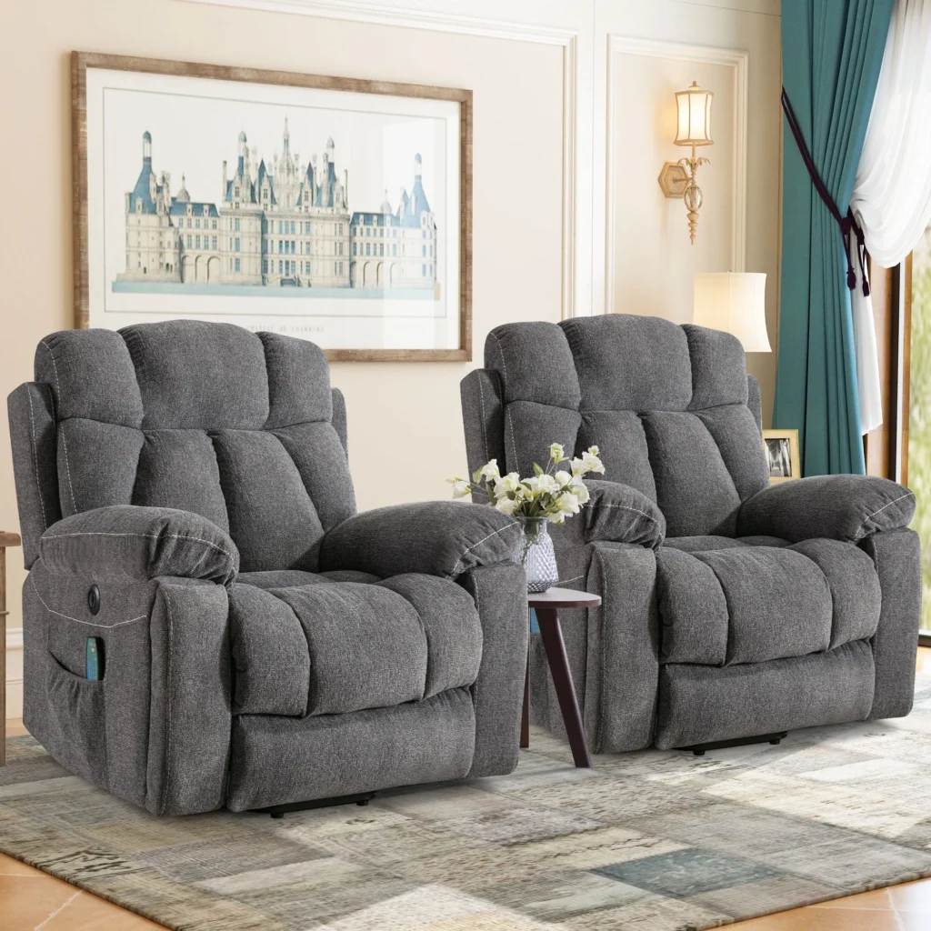 Ebello Wide Heated Massaging Lift Recliner – USB, Cup Holder, Gray β close-up detail of design and finish