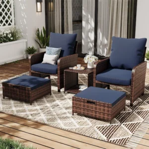 ELPOSUN 5 Piece PE Wicker Patio Set – Space-Saving Ottomans, Navy