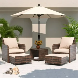 ELPOSUN 5 Piece PE Wicker Patio Set – Space-Saving Ottomans, Navy