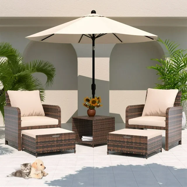 ELPOSUN 5 Piece PE Wicker Patio Set – Space-Saving Ottomans, Navy β alternate angle showing full product