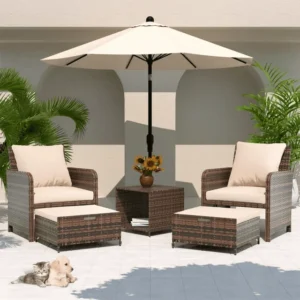 ELPOSUN 5 Piece PE Wicker Patio Set – Space-Saving Ottomans, Navy