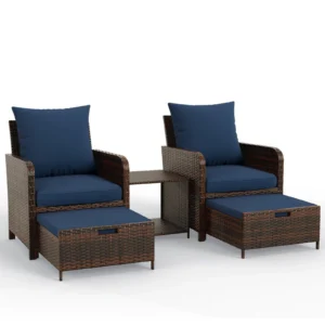 ELPOSUN 5 Piece PE Wicker Patio Set – Space-Saving Ottomans, Navy