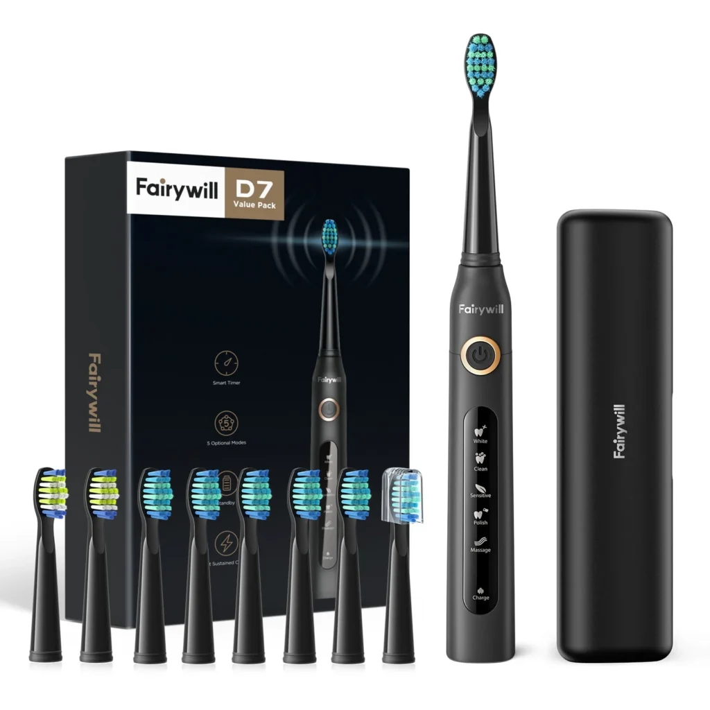 Fairywill Whitening Sonic Electric Toothbrush – 8 Heads & Travel Case — alternate angle showing full product