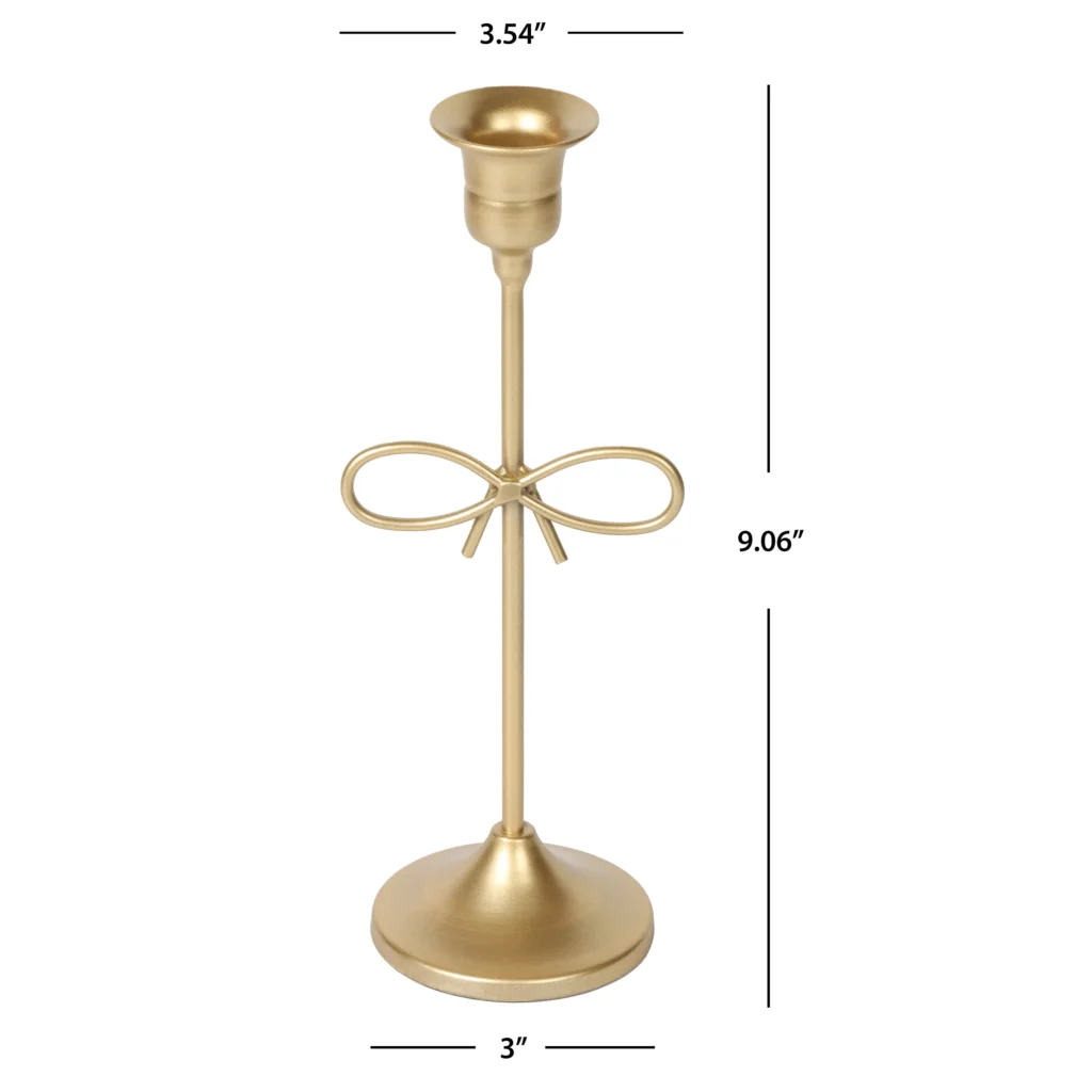 Gold Metal Taper Tabletop Candle Holder – Elegant Bow Accent Design — close-up detail of design and finish